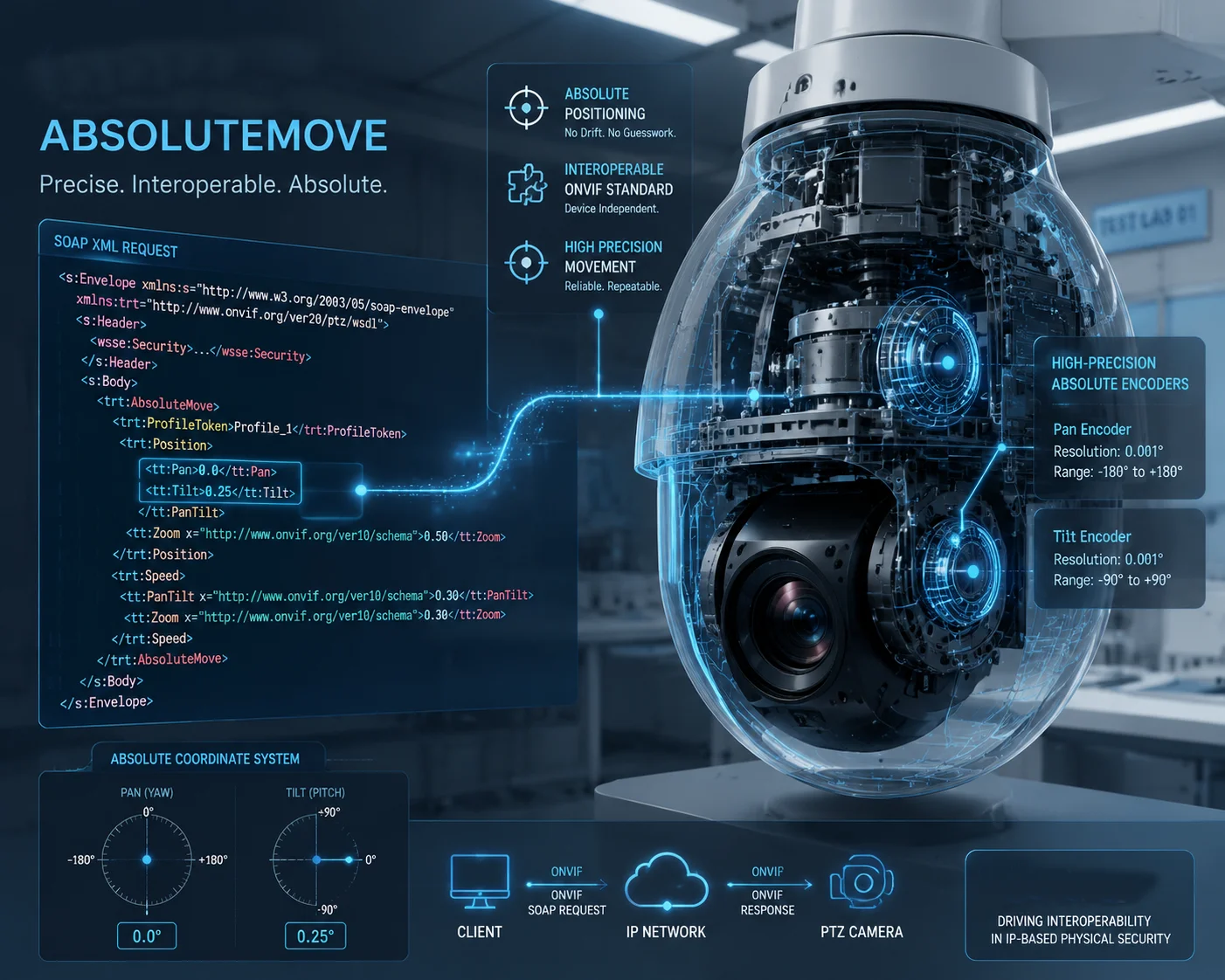 Controle de câmera PTZ com comando ONVIF AbsoluteMove