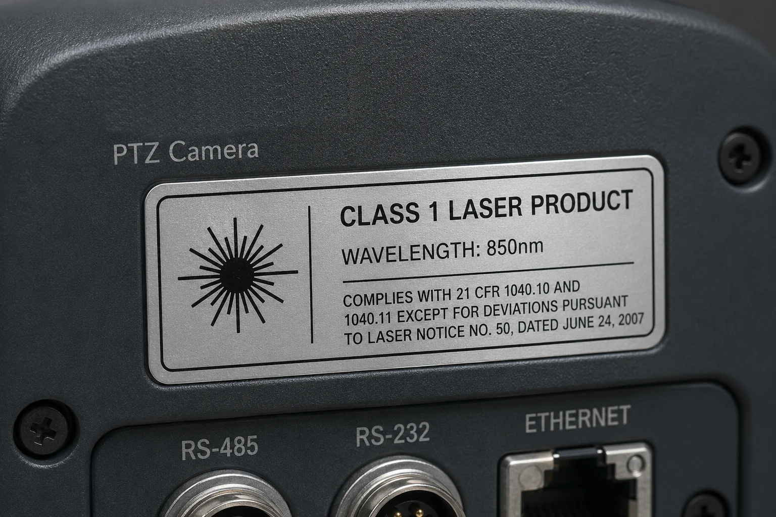 Laser classification label on PTZ camera body FDA compliance
