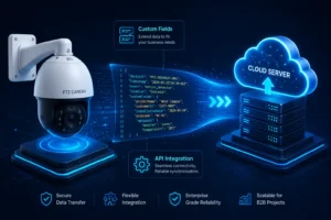 Caméra PTZ transmettant des données sécurisées avec des champs personnalisés à un serveur cloud via une intégration API, soulignant la flexibilité et la fiabilité.