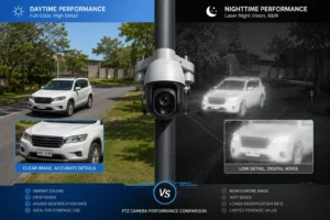 Comparaison de caméras PTZ montrant des images de jour de haute qualité et en niveaux de gris, et des images de nuit de moindre qualité d'un véhicule sur une route.