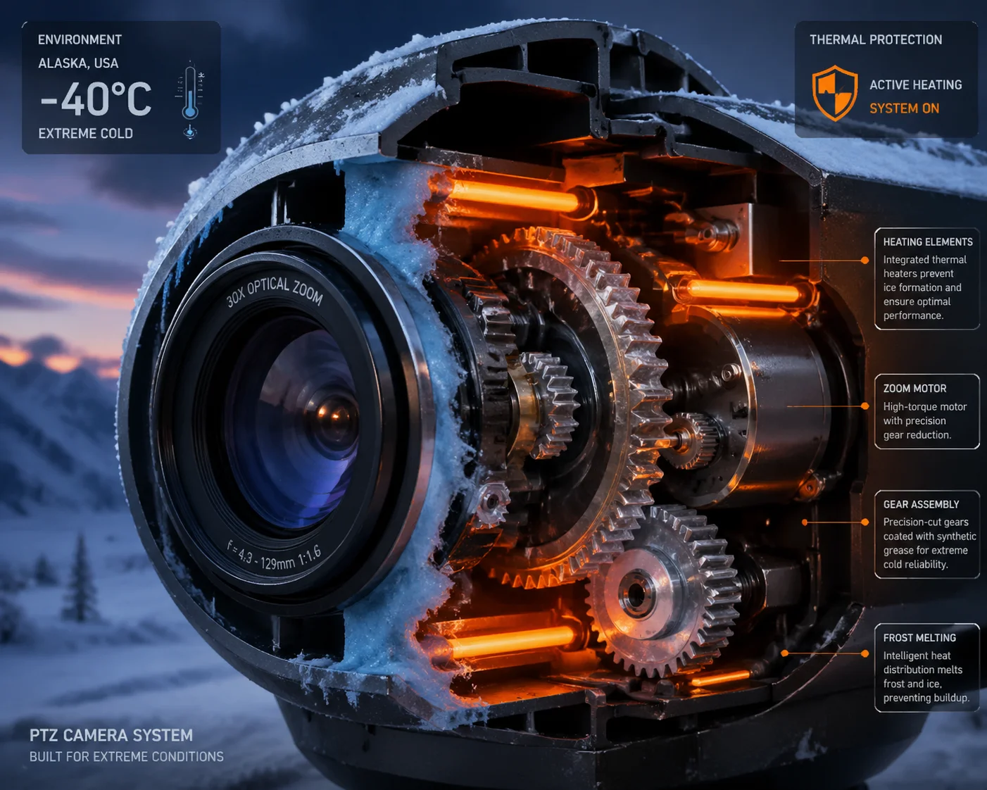 PTZ camera zoom mechanism grease freezing prevention at minus 40 degrees