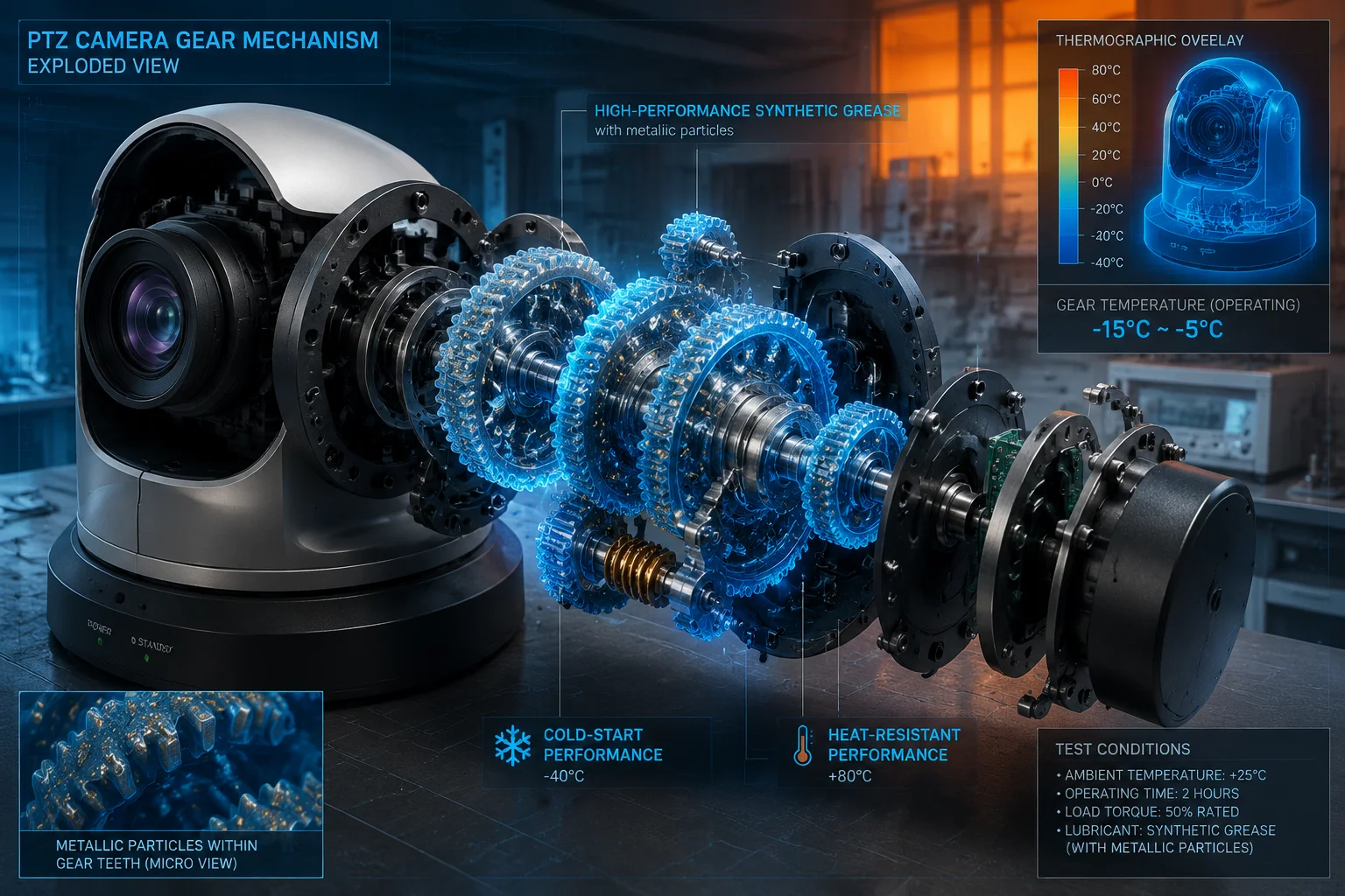 PTZ motor gear mechanism with low temperature grease