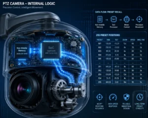 Cutaway view of a PTZ camera showcasing internal components, including a non-volatile memory chip, SoC processor, lens, and motor gears, with overlayed data flow and preset position details.