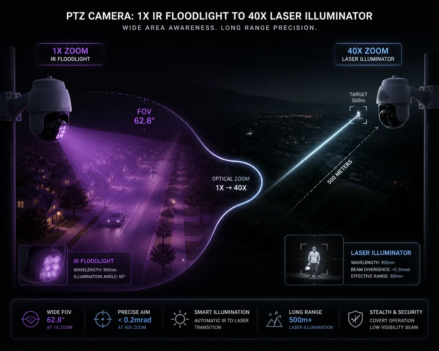 Nível de zoom da câmera PTZ e ponto de transição laser IR