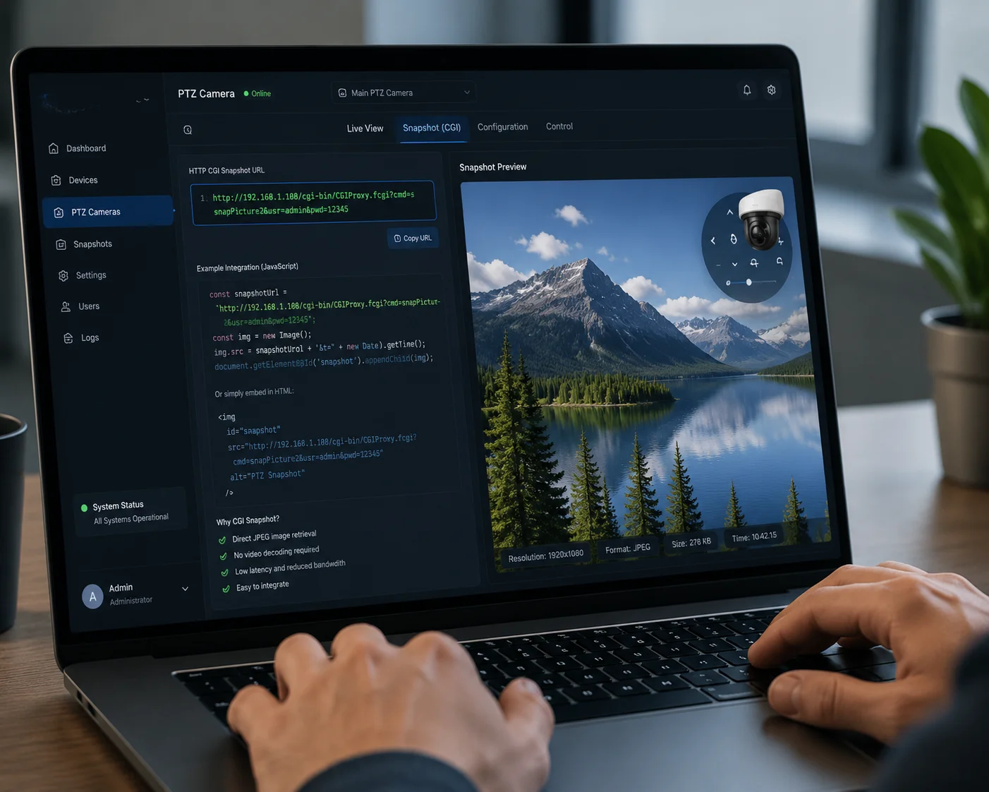 URL CGI simples para instantâneo 4K em painel web personalizado