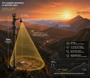 PTZ camera mounted at 10 meters high with 360° pan, tilt, zoom functionality, covering a mountainous landscape in daylight.