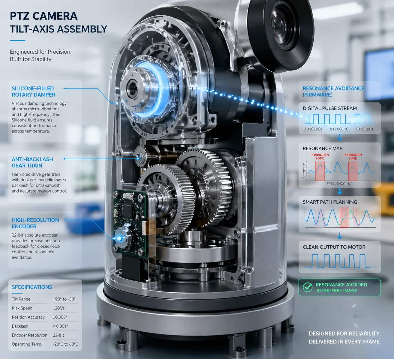 Stepper motor vibration damping system for PTZ camera