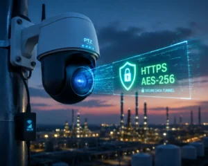 Caméra de sécurité PTZ montée sur un poteau avec connectivité 4G LTE, affichant une superposition de chiffrement de données HTTPS AES-256 brillante sur un paysage industriel au crépuscule.