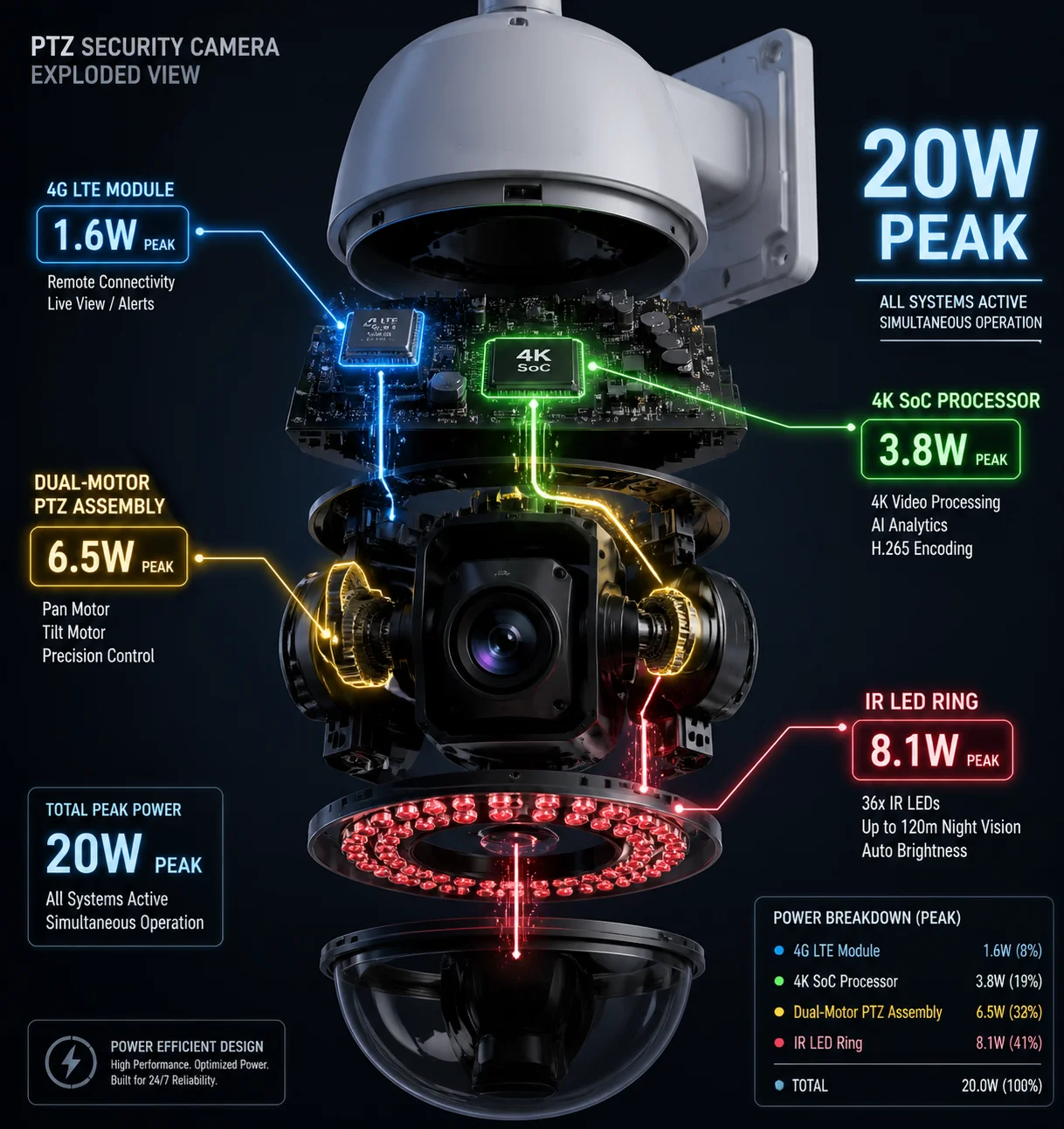 4K PTZ camera peak wattage with 4G IR and PTZ active