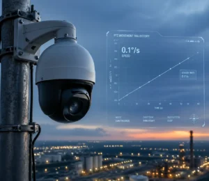 A PTZ security camera mounted on a pole with a digital overlay showing movement trajectory data, overlooking a lit cityscape at dusk.
