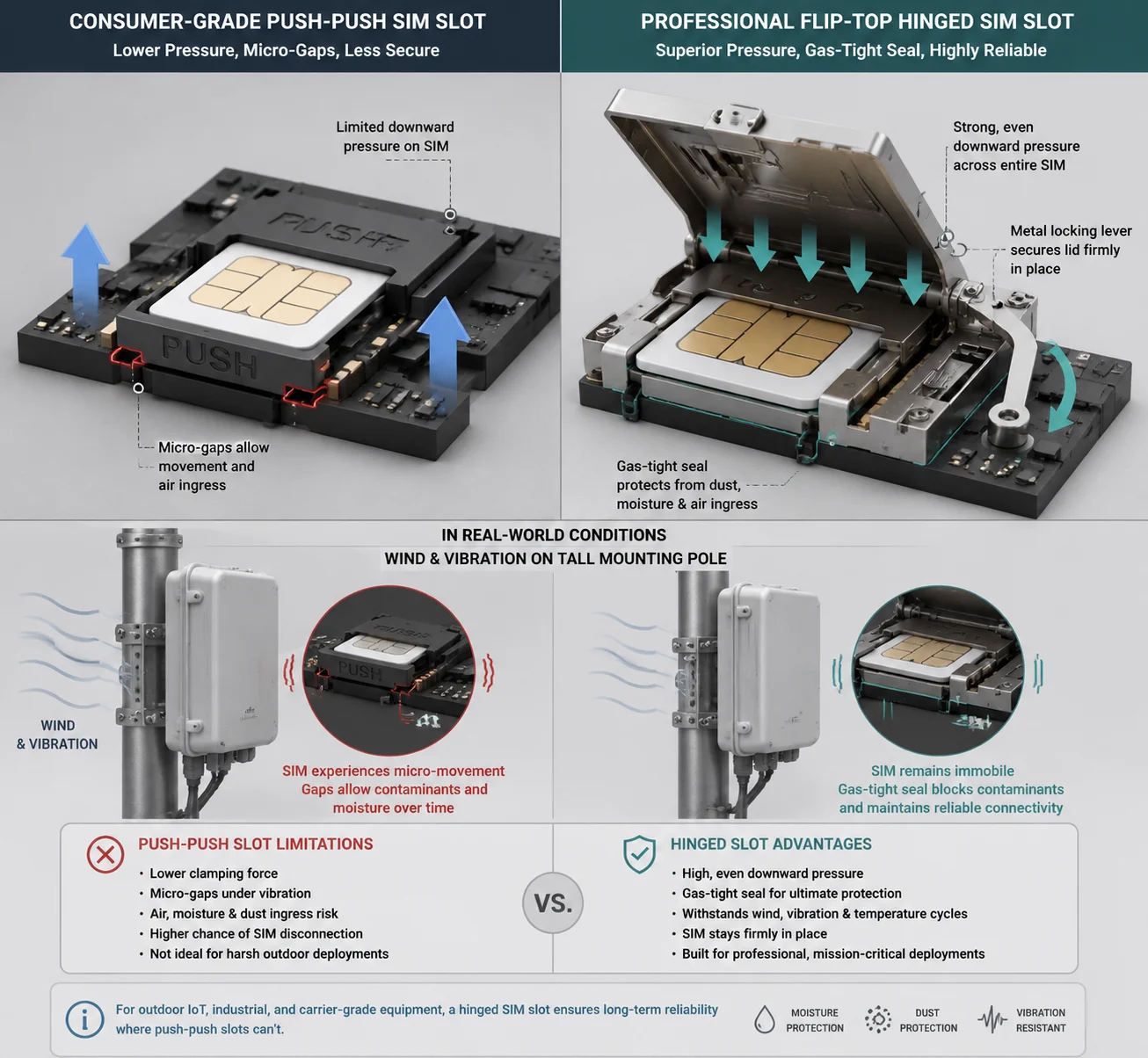 Comparação do mecanismo do slot SIM Push-push vs flip-top
