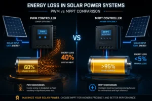 Side-by-side comparison of PWM and MPPT solar controllers. PWM shows 40% energy loss as heat, while MPPT offers over 95% efficiency with less than 5% energy loss.
