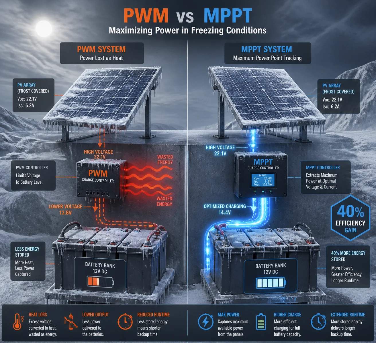 Ganho de eficiência de carregamento de inverno MPPT sobre controlador PWM