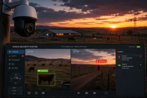 Interface d'un système de sécurité de ranch avec une caméra de surveillance détectant une vache et un intrus dans un cadre rural au coucher du soleil.