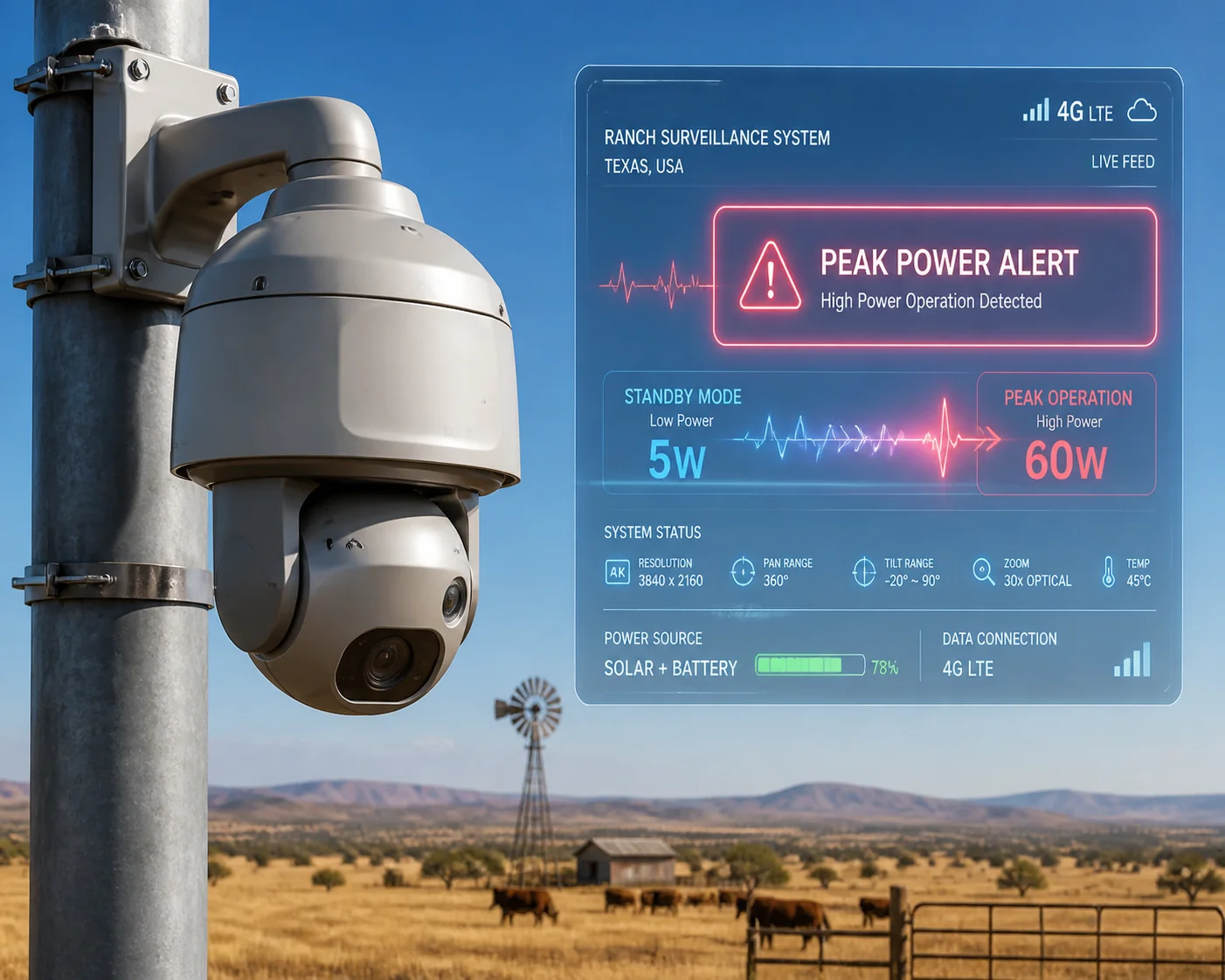 low power 4K 4G PTZ camera peak power and thermal management data