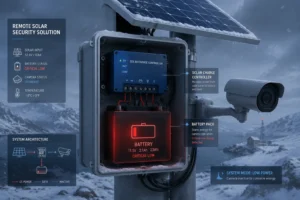 Remote solar-powered security system in a snowy environment, showcasing a solar panel, battery pack with critical low charge, and a camera in low power mode.