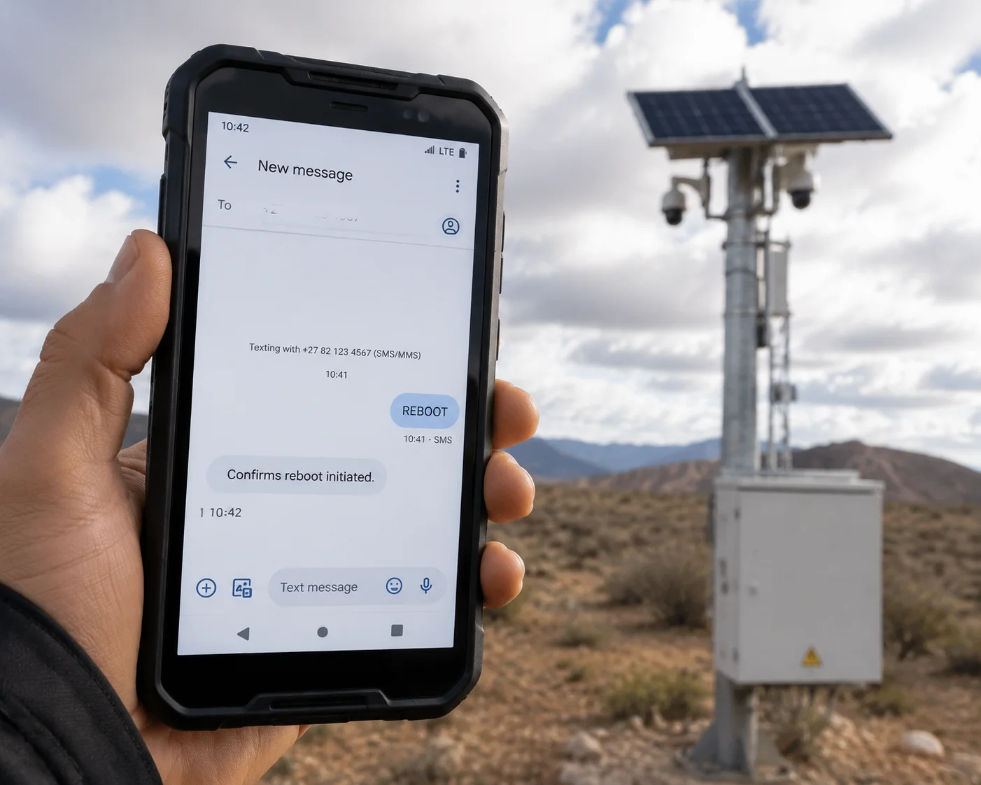 Solar PTZ camera reachable via SMS during 4G LTE network failure
