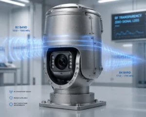 Industrial-grade RF transparent camera with rugged design emitting signal waves, ideal for extreme environments and zero signal loss.