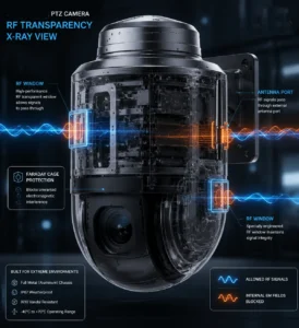 X-ray view of RF transparent PTZ camera showing internal structure, RF window, antenna port, and Faraday cage protection.