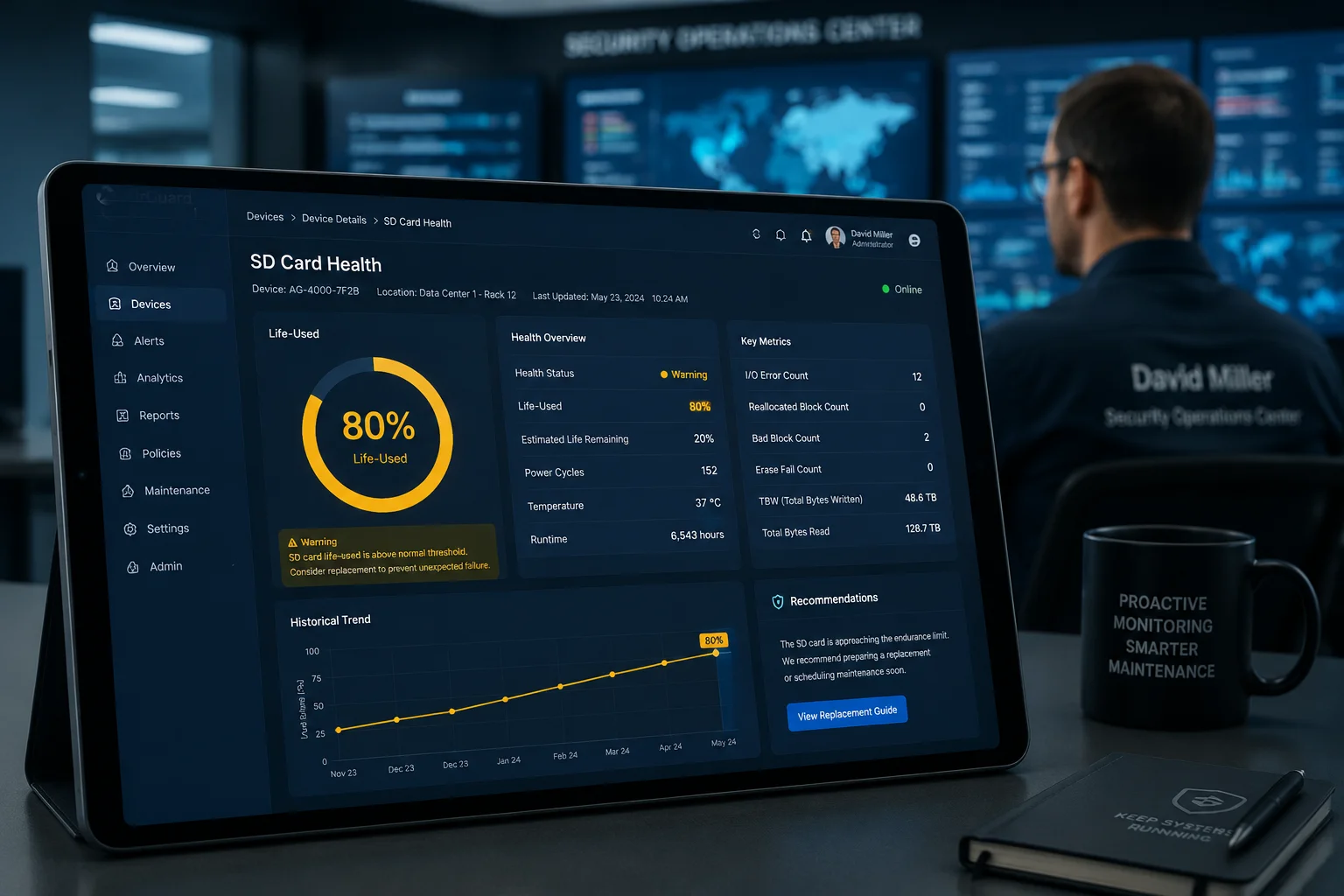 Dashboard zur Überwachung des SD-Karten-Zustands, das den verbleibenden Lebensprozentsatz anzeigt