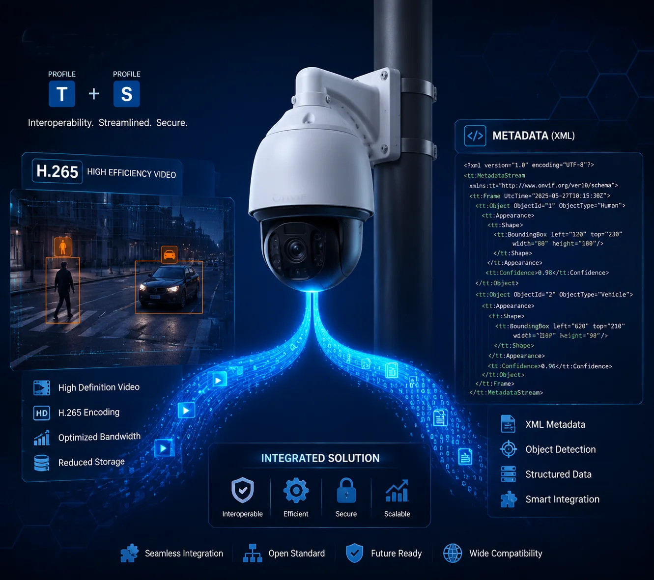ONVIF Profile T H.265 trasmissione metadati telecamera PTZ