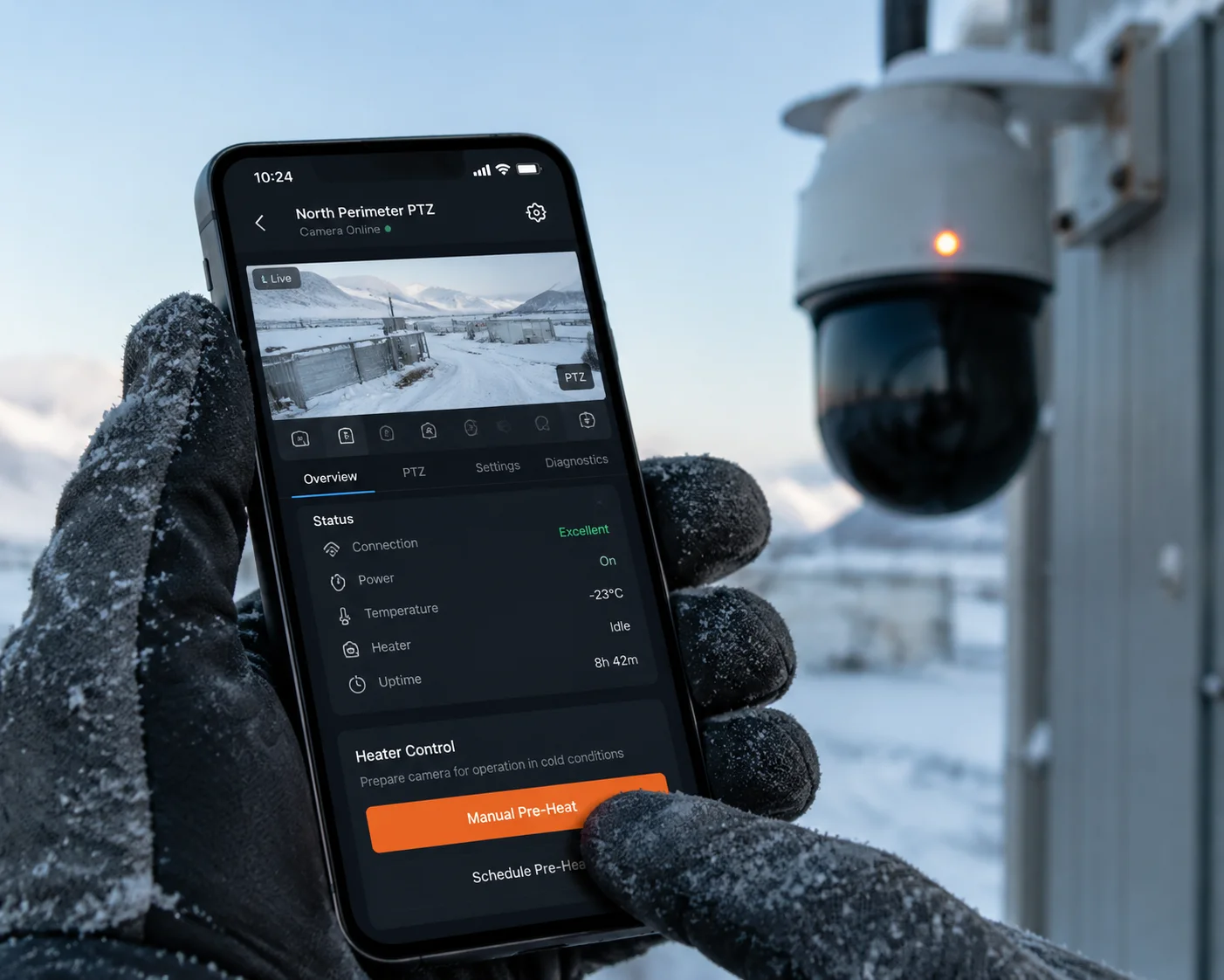 Déclenchement manuel du préchauffage via l'application pour le déploiement de caméras par temps froid