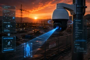 High-tech security camera using auto-tracking and AI to scan a construction site at sunset with detailed data overlays on monitoring systems.