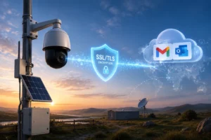 Caméra de sécurité extérieure avec panneau solaire utilisant le chiffrement SSL/TLS pour transférer les données en toute sécurité vers des services cloud, affichée sous forme d'icônes Gmail et Outlook.