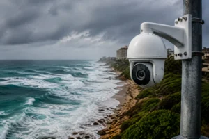 A white security camera mounted on a pole overlooking a stormy beach with crashing waves and cloudy skies, surrounded by greenery.