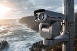 Une caméra de sécurité au design moderne installée sur un poteau métallique, surplombant des falaises côtières accidentées et des vagues océaniques lors d'un coucher de soleil nuageux.