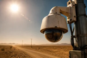 Eine kuppelförmige Überwachungskamera, die auf einem Mast in einer abgelegenen Wüstenlandschaft mit einer Feldstraße und Bergen im Hintergrund bei hellem Sonnenlicht montiert ist.