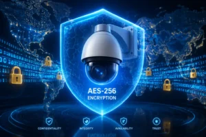 Caméra de sécurité protégée par un bouclier lumineux avec le texte de chiffrement AES-256, entourée de cadenas numériques et d'un fond de carte mondiale.