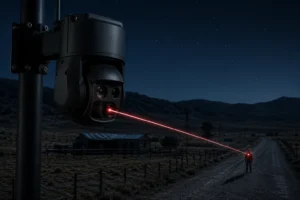 A security camera on a pole in a rural area at night emitting a red laser targeting a person standing on a dirt road.