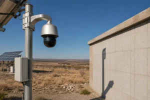 Caméra de sécurité extérieure montée sur un poteau métallique près d'un panneau solaire et d'un mur en béton dans un paysage sec et ouvert.