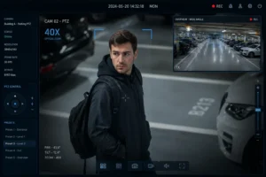 View from a security camera monitoring a person wearing a backpack and dark jacket in a parking lot with overlayed data and zoom controls.
