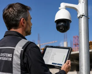 Un technicien portant un gilet étiqueté 'Intégrateur de systèmes' ajustant une caméra de sécurité blanche en dôme sur un poteau sur un chantier de construction, tout en tenant une tablette affichant les résultats des tests.