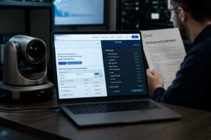 A laptop displaying conformance test results next to a network PTZ camera on a desk, with a person reviewing a conformance document.