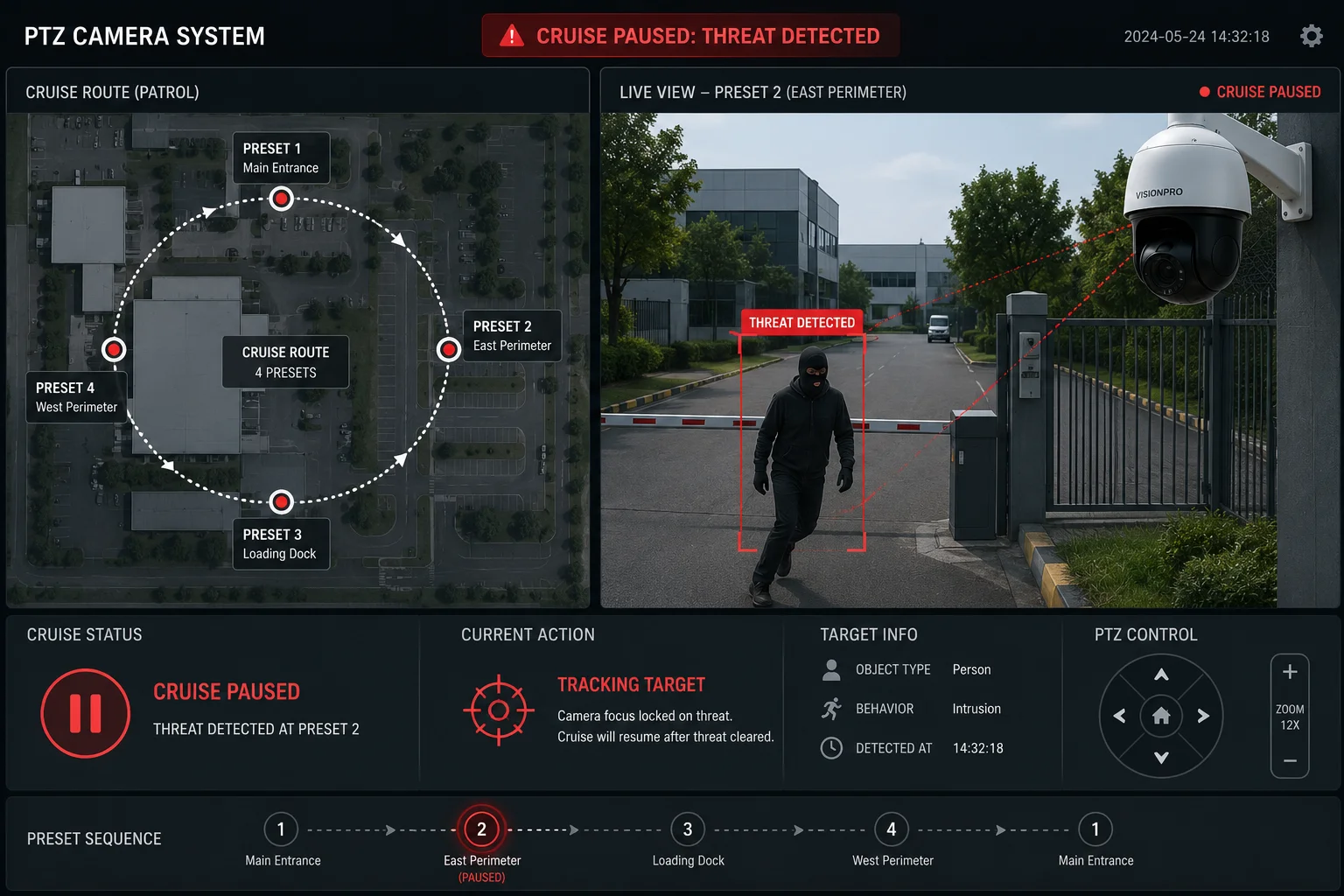 PTZ crociera pausa tracciamento preset rilevamento