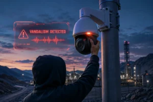 Security camera being tampered with by a hooded figure at dusk, with a 'vandalism detected' warning overlay and industrial background.