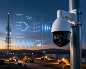 Outdoor security camera mounted on a pole, featuring wireless signal connections with overlay graphics showing data transmission metrics, in an industrial area during dusk.