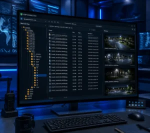 Moniteur d'ordinateur affichant des enregistrements de caméras de sécurité connectées en FTP avec des répertoires organisés et des images de vision nocturne. L'arrière-plan du bureau a des tons sombres et des équipements de contrôle.