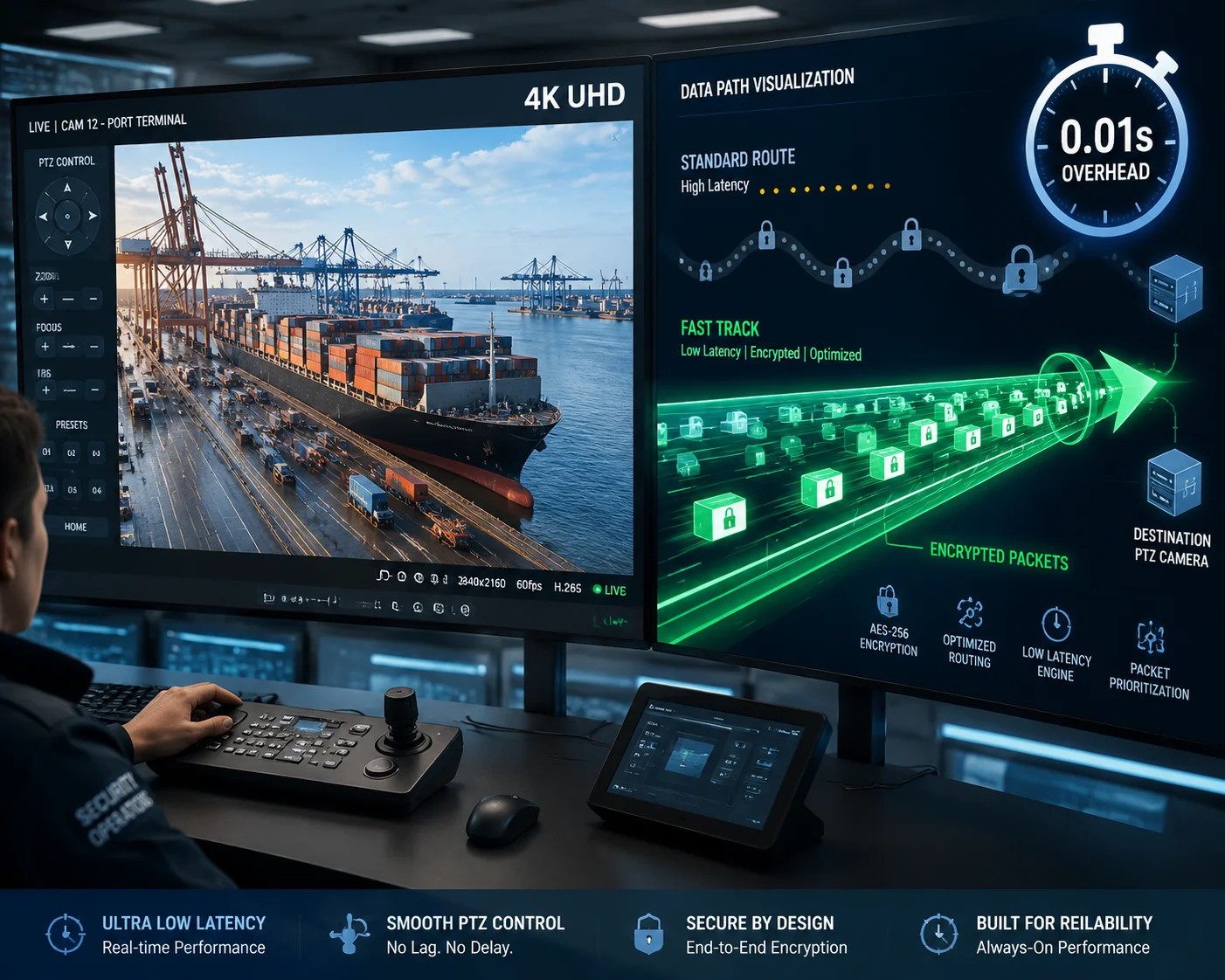Ende-zu-Ende-Latenztest eines AES-256-verschlüsselten 4K-PTZ-Kamerastreams