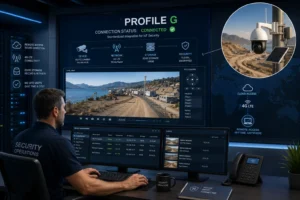 Bureau des opérations de sécurité doté d'une interface détaillée pour la surveillance à distance des caméras. Une caméra PTZ 4G et la connectivité IoT sont mises en évidence.