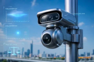 Advanced security camera with dual lenses mounted on a pole, featuring panoramic and PTZ capabilities, with a cityscape in the background.