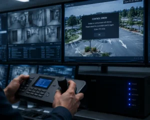 Une personne opère un système de surveillance dans une salle de contrôle avec plusieurs écrans affichant des flux de caméras, dont un affichant un message d'erreur.