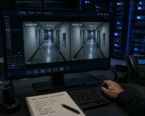Un moniteur dans une salle de contrôle affiche une double image de sécurité d'un couloir avec une discordance horaire, accompagnée de notes manuscrites et d'une radio.