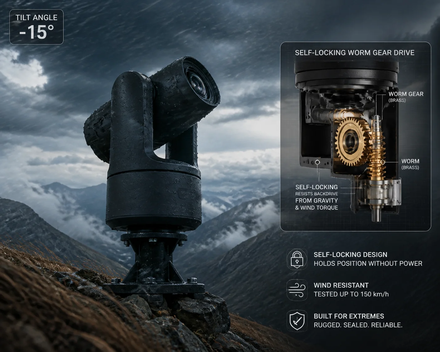 PTZ camera tilt motor wind resistance worm gear mechanism