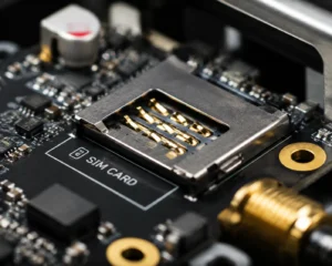 Nahaufnahme eines SIM-Kartensteckplatzes auf einer elektronischen Leiterplatte mit feinen Details der metallischen und Kunststoffkomponenten.