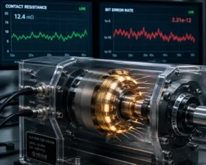 A slip ring testing apparatus with a transparent casing and glowing contacts, accompanied by performance graphs displaying contact resistance and bit error rate.
