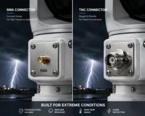 Close-up of an SMA connector and a TNC connector on metal housings with a lightning storm backdrop. Labels highlight durability and reliability.